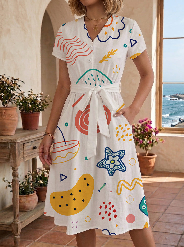 Damen Midikleid mit farbenfrohem Blumendesign und taillierbarem Bindegürtel Drune