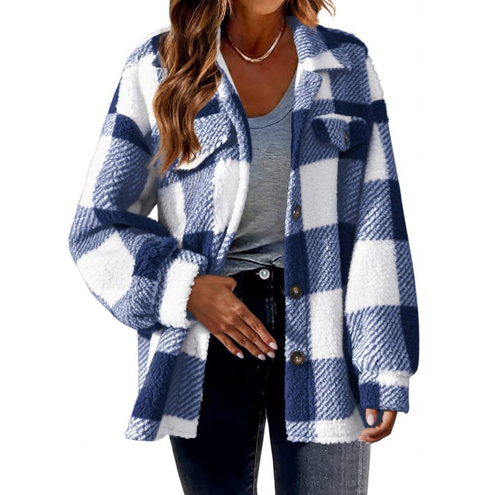Damen Flauschige Karojacke mit Druckknopfverschluss und praktischen Taschen Drune