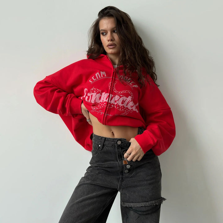 Damen oversized Kapuzenjacke mit kreativem Druck Drune