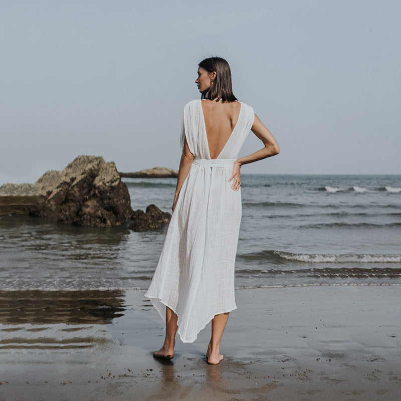 Damen luftiges Strandkleid mit Bindegürtel Drune