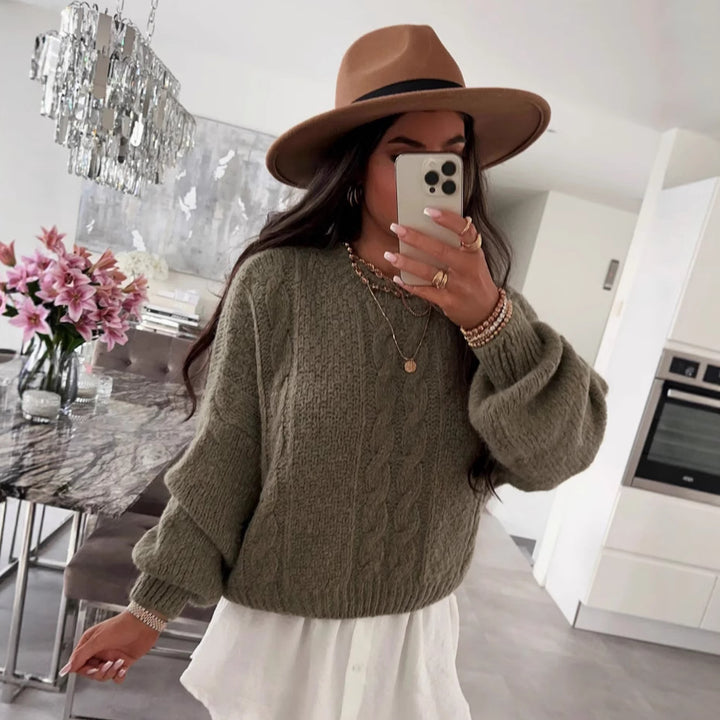 Damen Grobstrickpullover mit voluminösen Ärmeln und Zopfmuster Drune