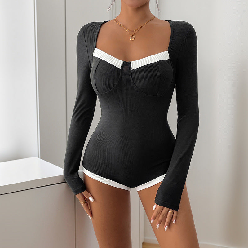 Damen figurbetontes Bodysuit mit langen Ärmeln und elegantem Spitzeneinsatz Drune