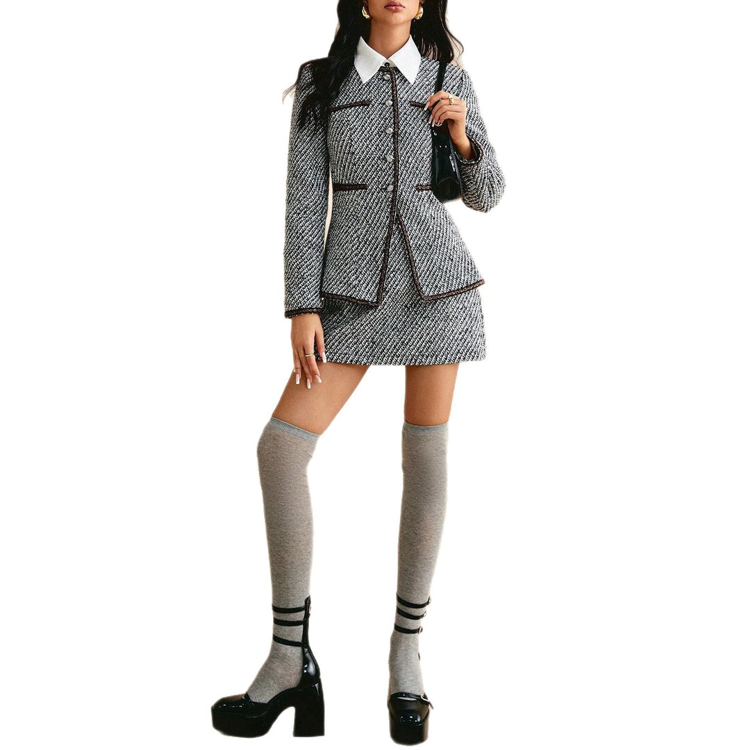 Damen Tweed-Blazer-Rock-Set mit stylischem Kragen und eleganten Details Drune