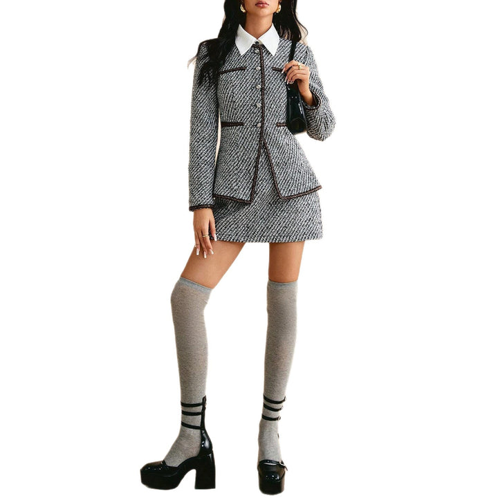 Damen Tweed-Blazer-Rock-Set mit stylischem Kragen und eleganten Details Drune