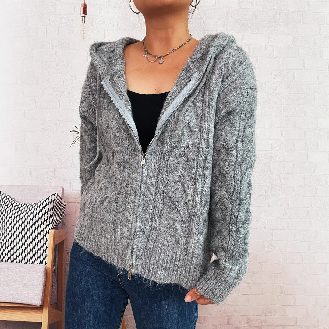 Damen gestreifter Grobstrick-Zip-Hoodie mit Kapuze und weichem Material Drune