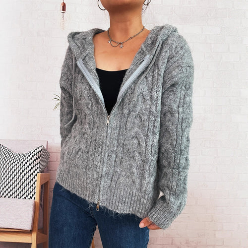 Damen gestreifter Grobstrick-Zip-Hoodie mit Kapuze und weichem Material Drune