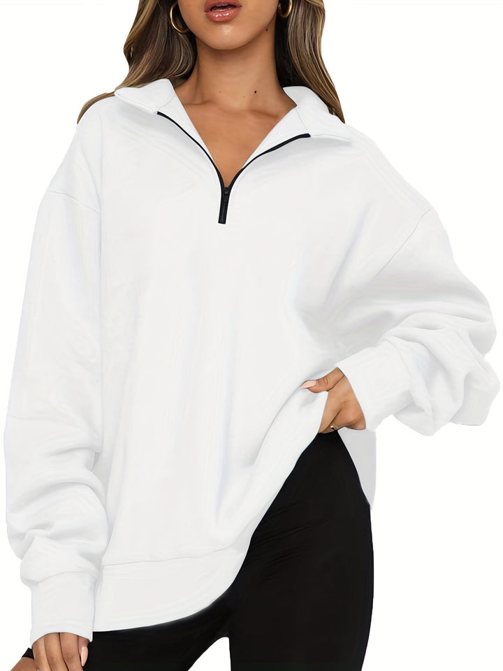 Damen nan Oversized Sweatshirt mit Kurzreißverschluss, Stehkragen und Kängurutasche Drune