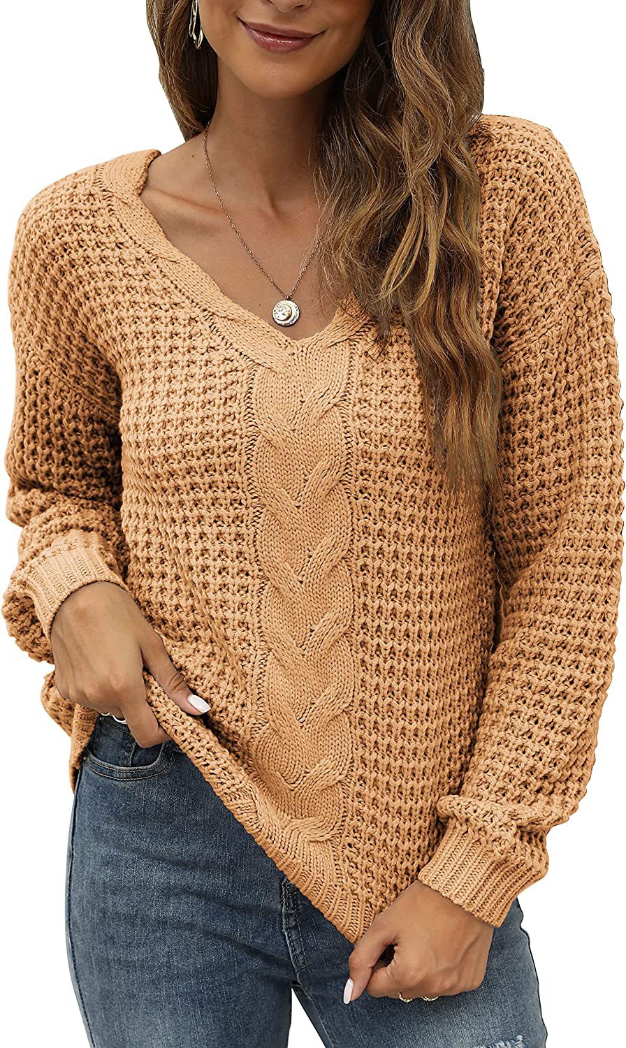 Damen lässiger Strickpullover mit tiefem V-Ausschnitt und detailliertem Zopfmuster Drune