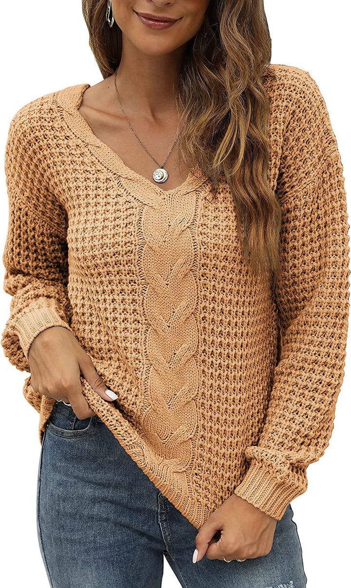 Damen lässiger Strickpullover mit tiefem V-Ausschnitt und detailliertem Zopfmuster Drune