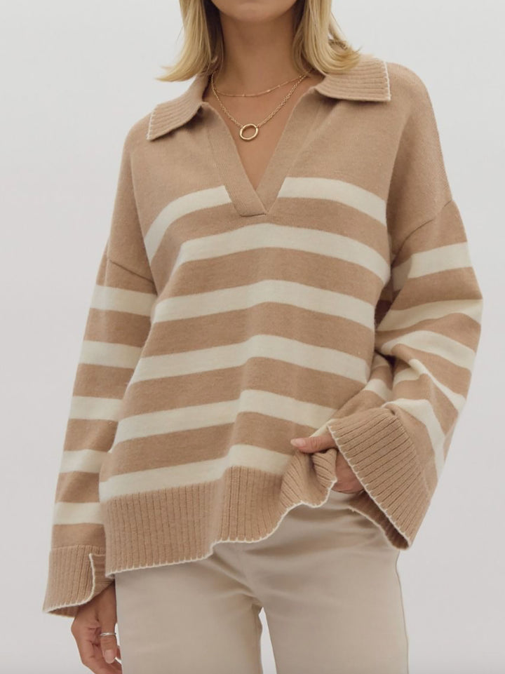 Damen stylischer Strickpullover mit elegantem V-Ausschnitt und breitem Streifenmuster Drune