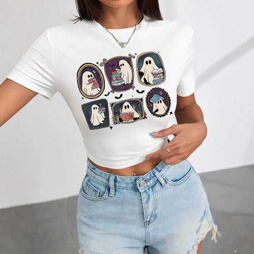 Damen Crop-T-Shirt mit verspieltem Geistermotiv Drune