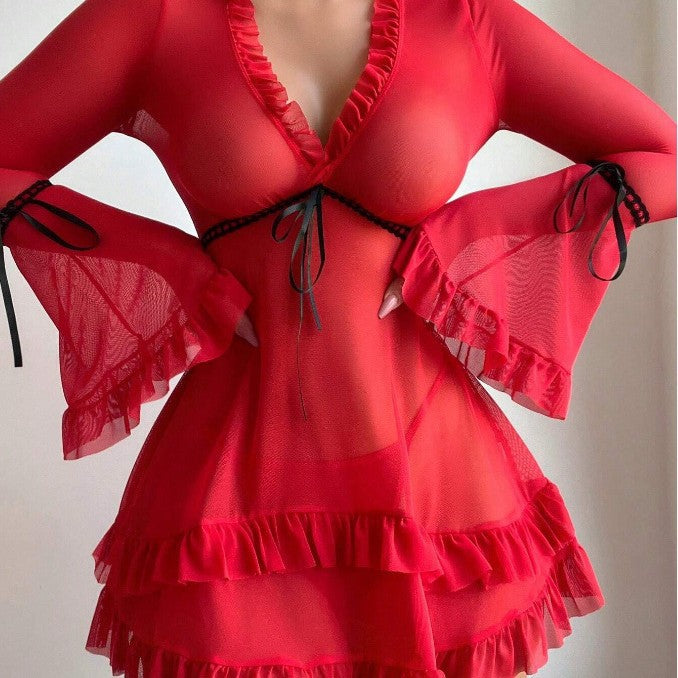 Damen transparentes Strandkleid mit voluminösen Rüschen und langen Ärmeln Drune
