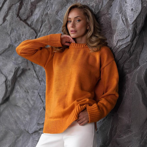 Damen Grobstrickpullover mit weitem Schnitt und Rippbündchen Drune