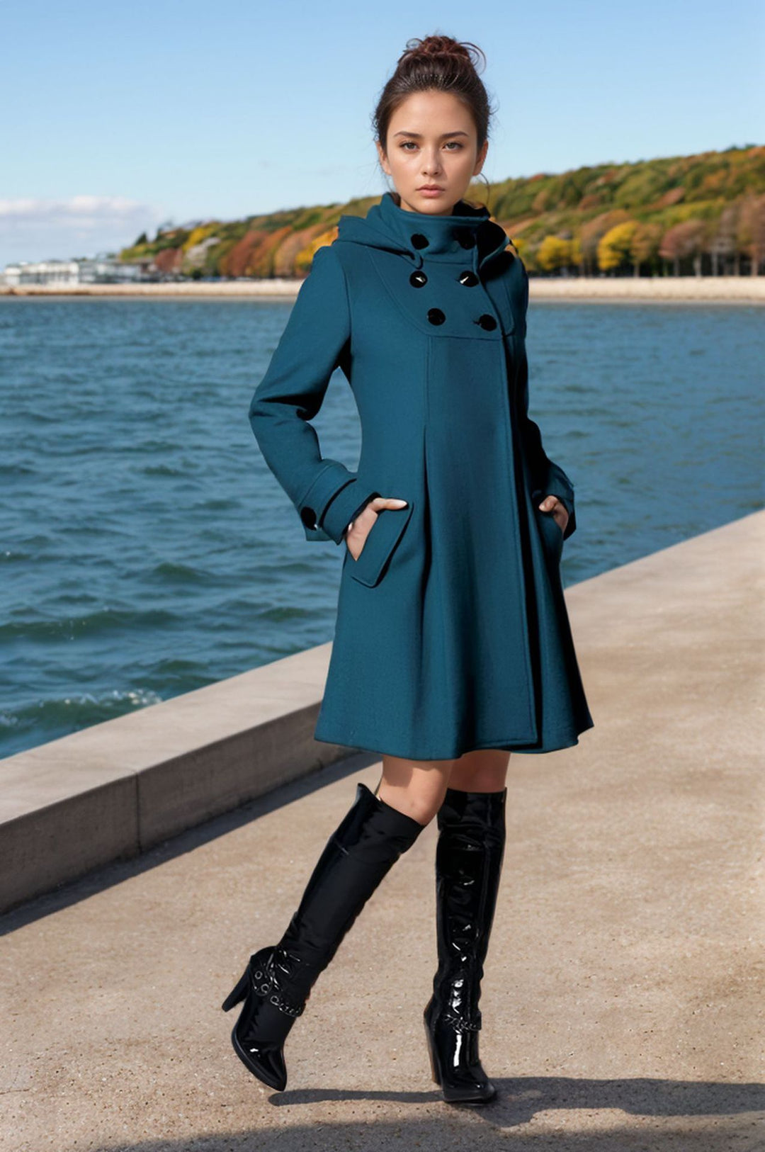 Damen eleganter Wollmantel mit modernem Kragen und praktischen Taschen Drune