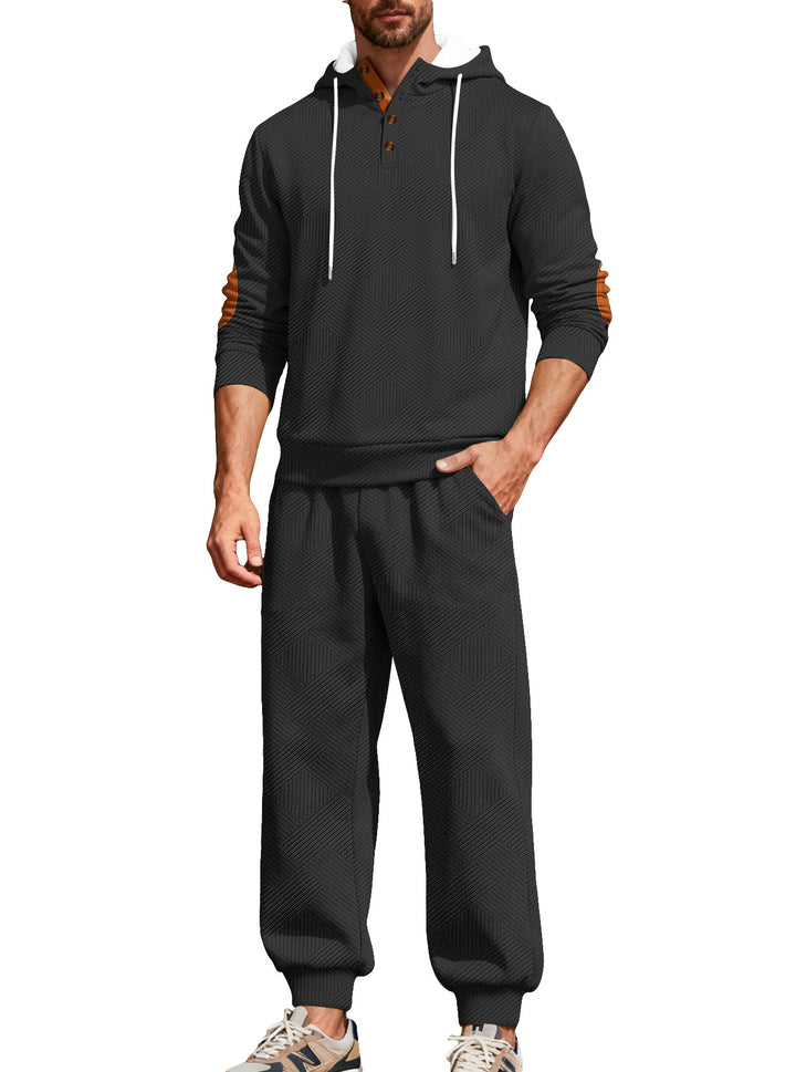 Herren nan strukturiertes Kapuzen-Joggingset mit Henley-Knopfleiste und Kontrast-Ellenbogenpatches Drune