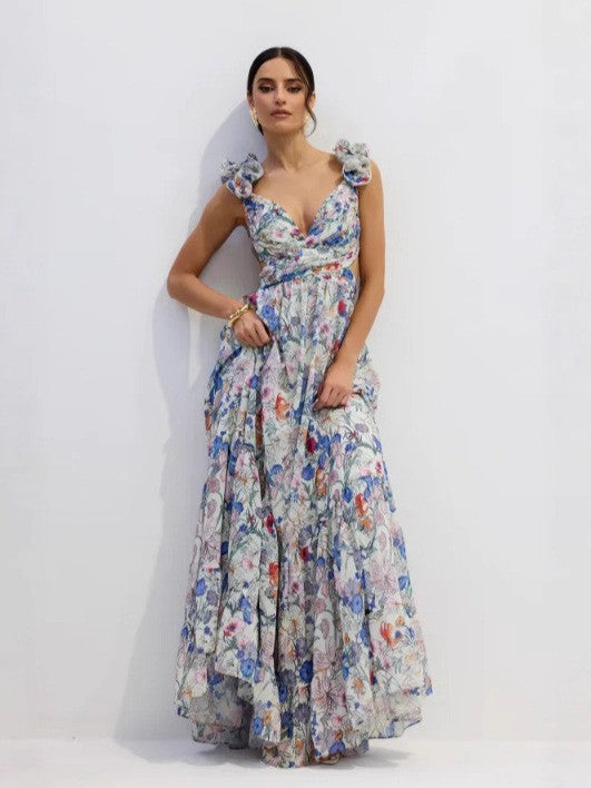 Damen Maxikleid mit floralem Print und romantischen Rüschen Drune