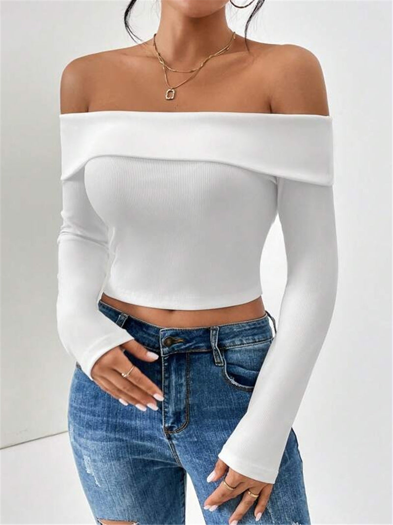 Damen Off-Shoulder Crop-Top mit langen Ärmeln und feiner Rippstruktur Drune