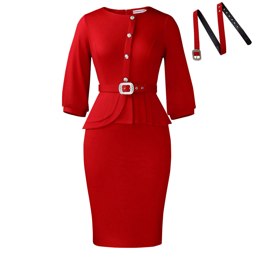 Damen Etuikleid mit elegantem Peplum-Saum und tailliertem Gürtel Drune