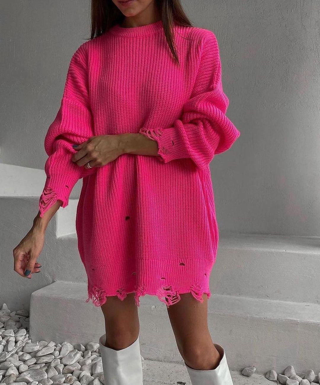 Damen Großer Strickpullover mit distressed Saum Drune