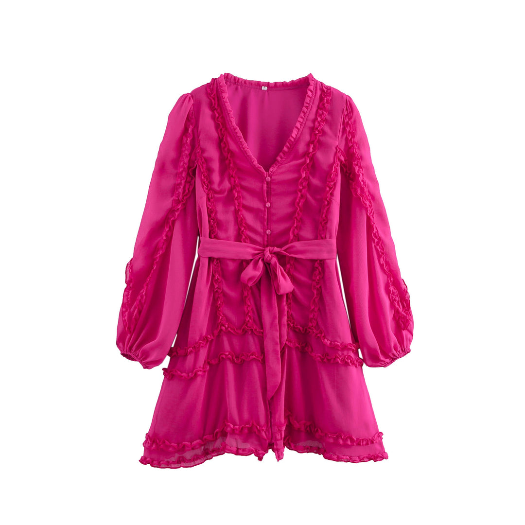 Damen verspieltes Minikleid mit Rüschendetails und Taillengürtel Drune