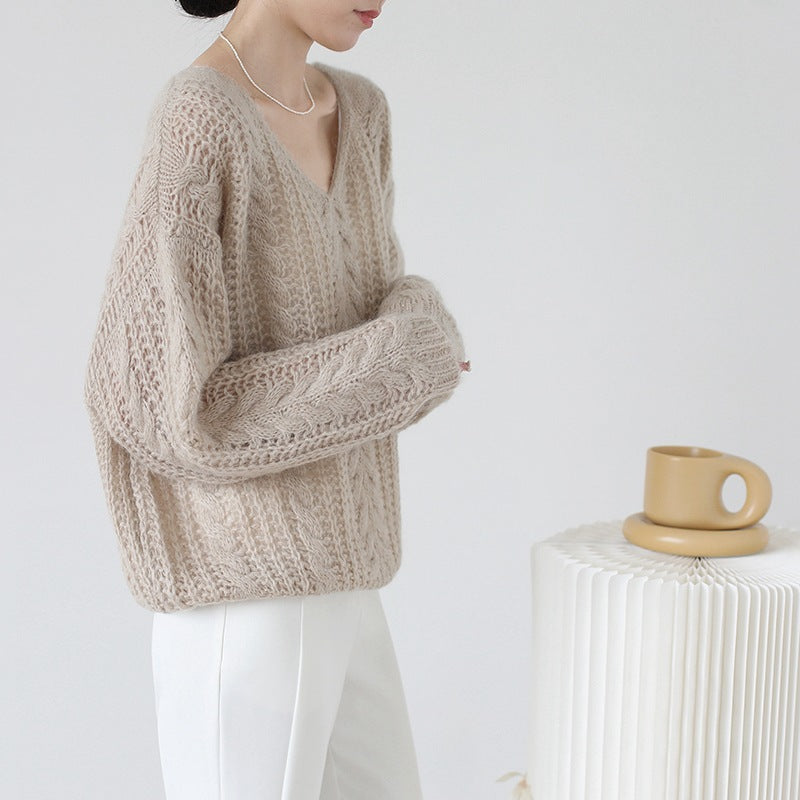 Damen Grobstrickpullover mit V-Ausschnitt und luftiger Struktur Drune