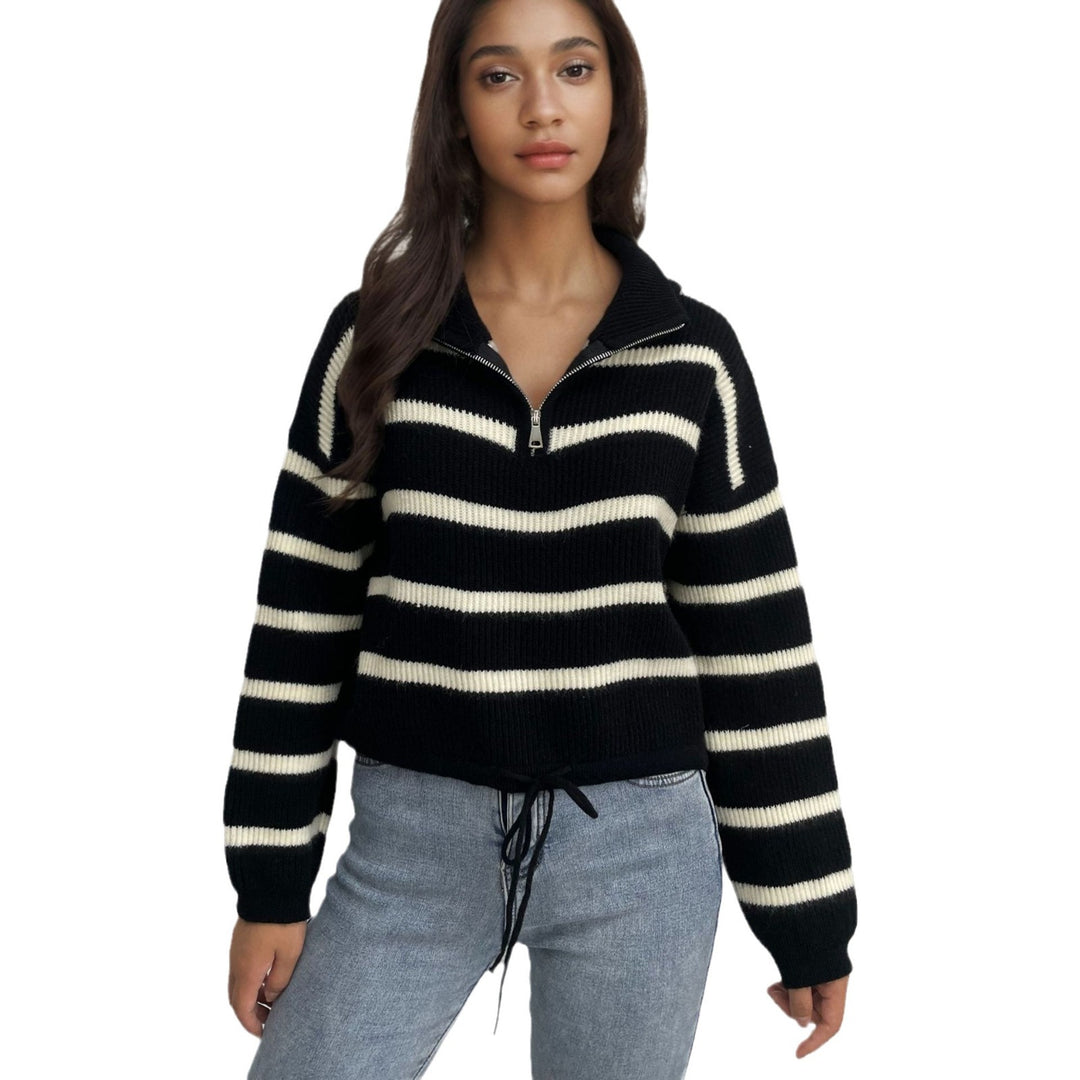 Damen Strickpullover mit Stehkragen und Kordelzug Drune