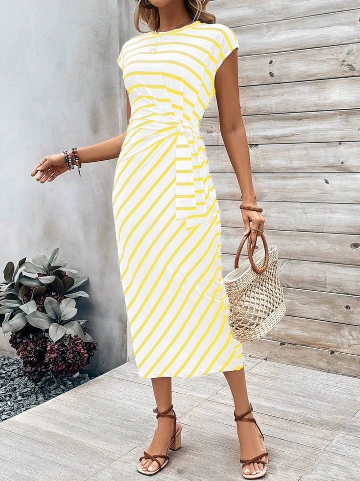 Damen Wickelkleid im modernen Streifenlook mit Taillenknoten Drune