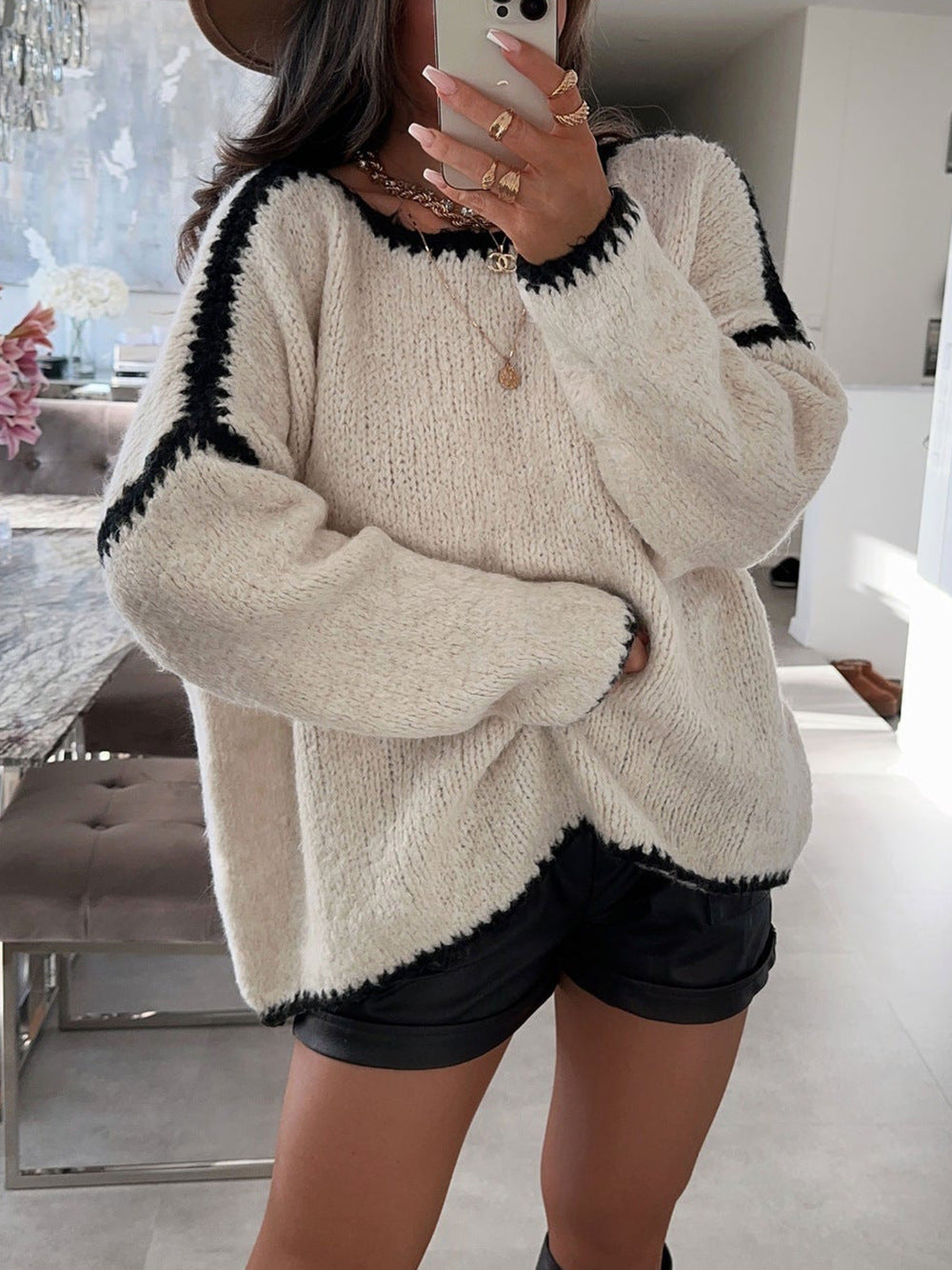 Damen lässiger Oversized Strickpullover mit kontrastierenden Akzenten Drune