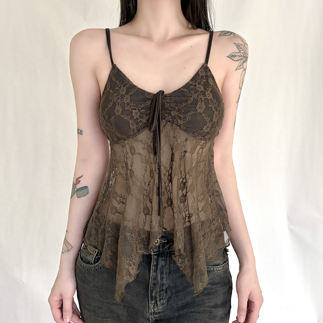 Damen Spitzen-Tanktop mit asymmetrischem Schnitt und dekorativem Bindeband Drune
