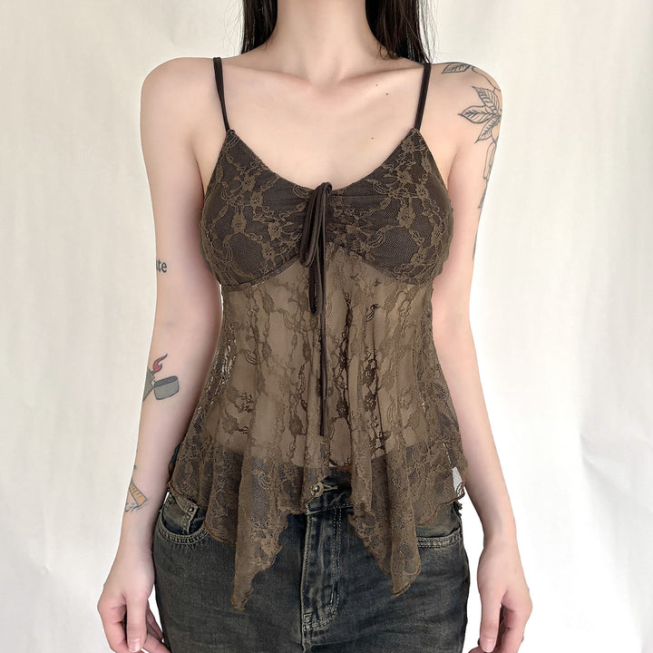 Damen Spitzen-Tanktop mit asymmetrischem Schnitt und dekorativem Bindeband Drune