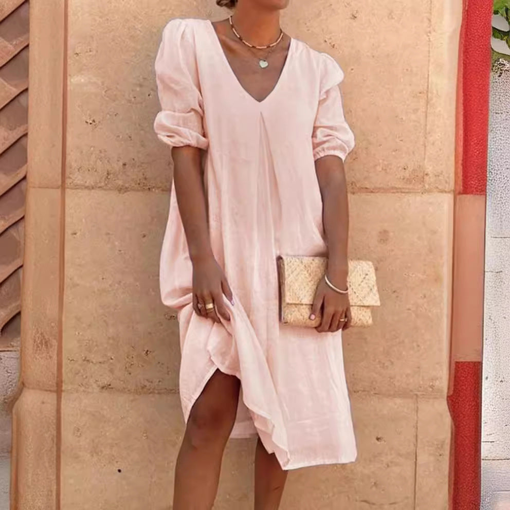 Damen lässiges Tunika-Kleid mit V-Ausschnitt und Ballonärmeln Drune