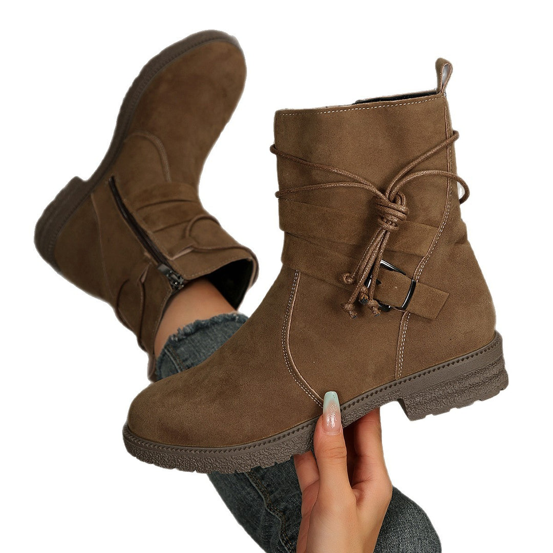 Damen nan knöchelhohe Velourslederoptik-Stiefelette mit Leopardenprint-Falte, seitlichem Reißverschluss und dekorativer Schnalle Drune