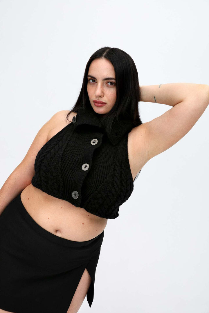 Damen gehäkeltes Crop-Oberteil mit hochgeschlossenem Kragen und Knopfleiste Drune