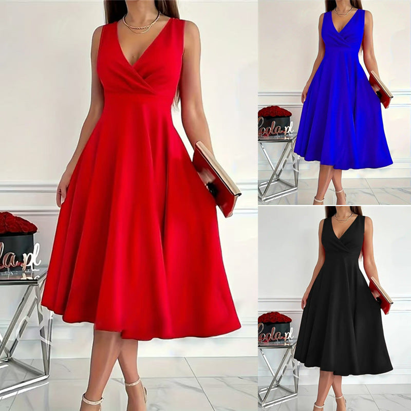 Damen elegantes A-Linie Wickelkleid mit V-Ausschnitt Drune