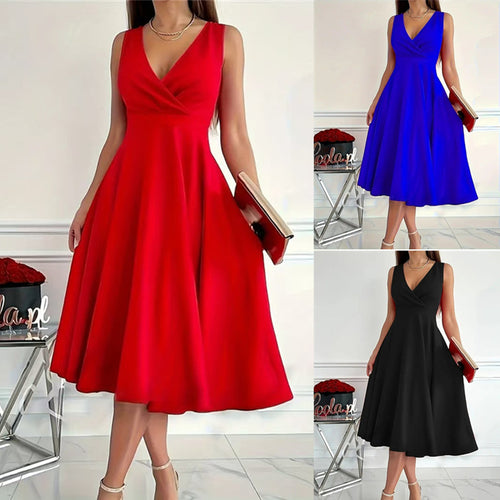 Damen elegantes A-Linie Wickelkleid mit V-Ausschnitt Drune