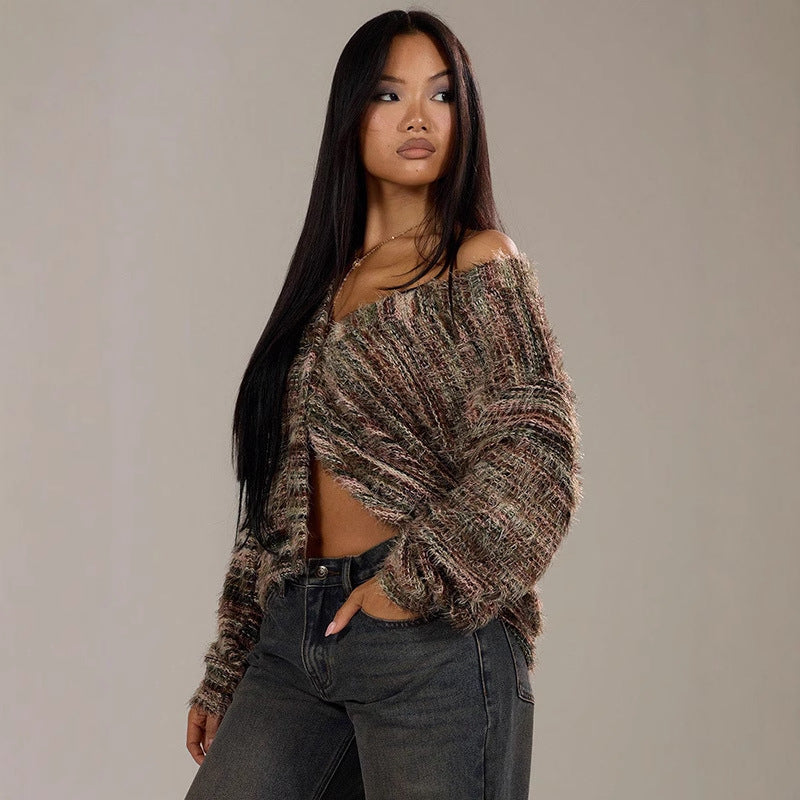 Damen luftiger Strickpullover mit tiefem V-Ausschnitt und charmantem Farbverlauf Drune