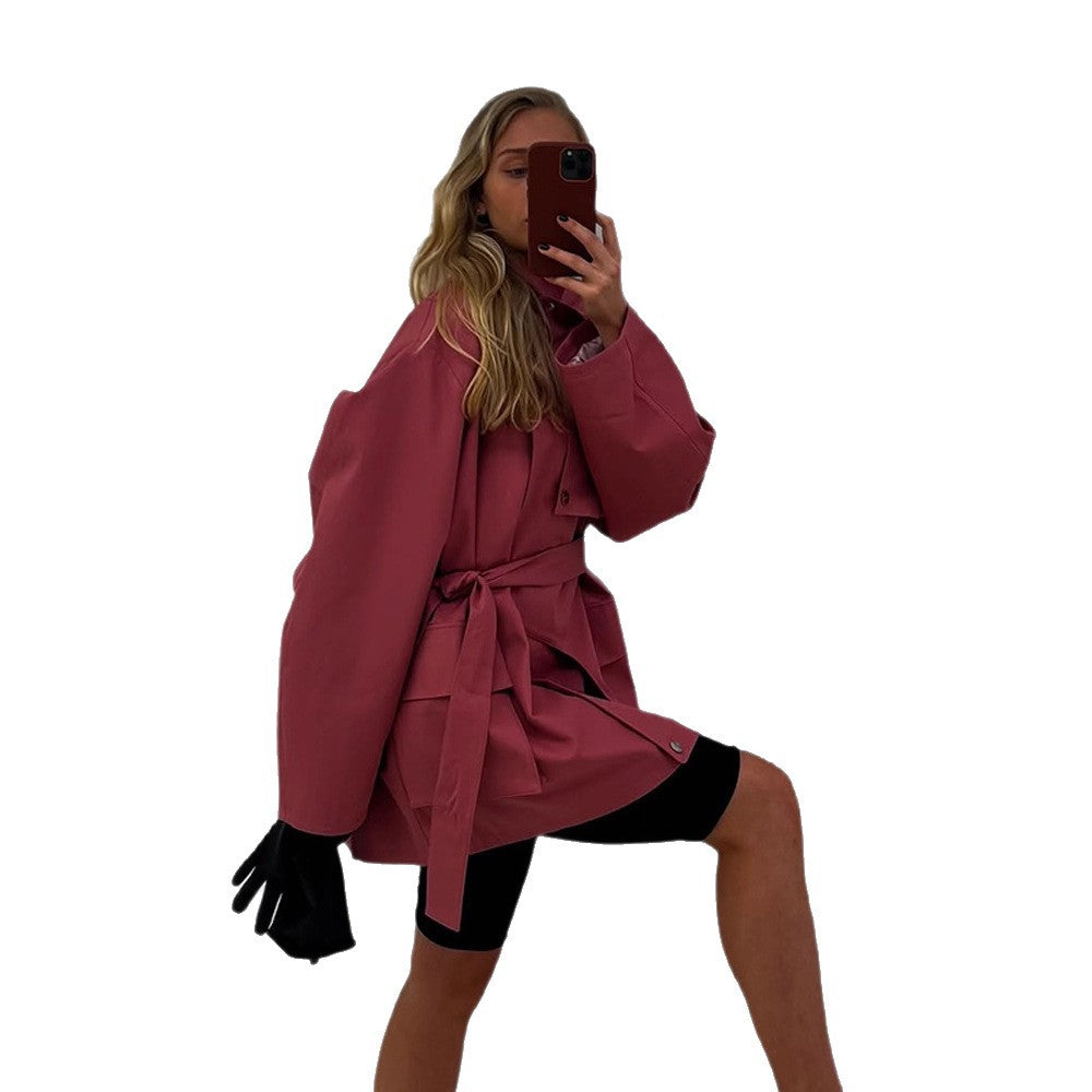 Damen Langer Trenchcoat mit breitem Kragen und taillierbarem Gürtel Drune