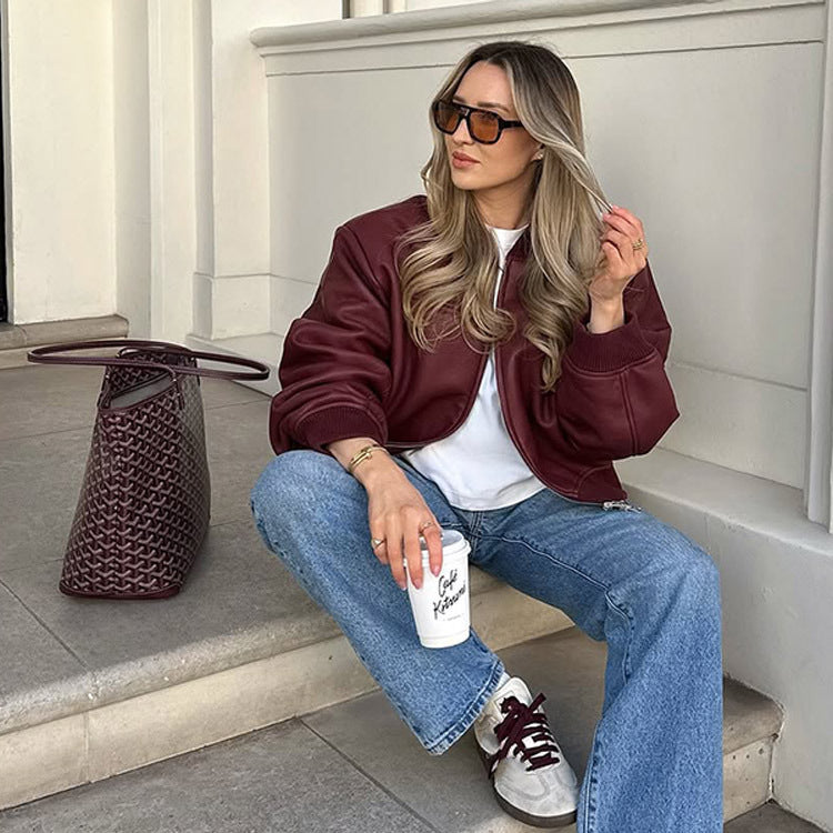 Damen Lässige Lederjacke mit voluminösen Ärmeln und Reißverschluss Drune