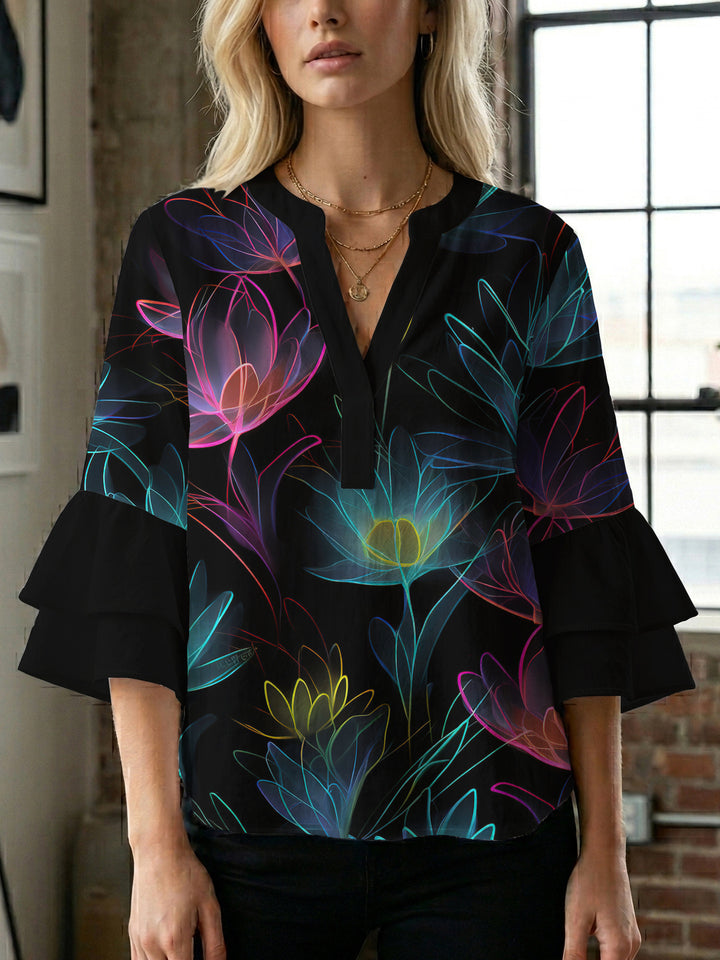 Damen Bluse mit voluminösen Rüschenärmeln und floralem Muster Drune
