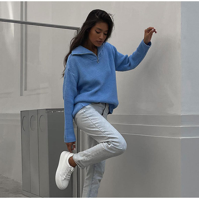Damen Oversized Strickpullover mit stehendem Kragen und Reißverschluss Drune