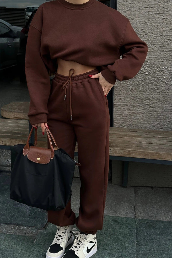 Damen elegantes und lässiges Zweiteiler-Set mit bequemem Cropped-Sweatshirt und weiten Jogginghosen Drune