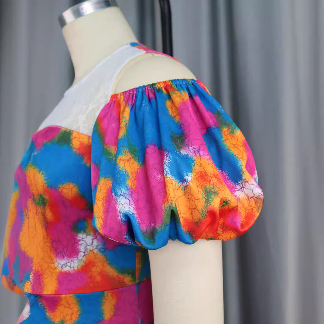 Damen Maxikleid mit voluminösen Puffärmeln und floralem Spitzenbesatz Drune