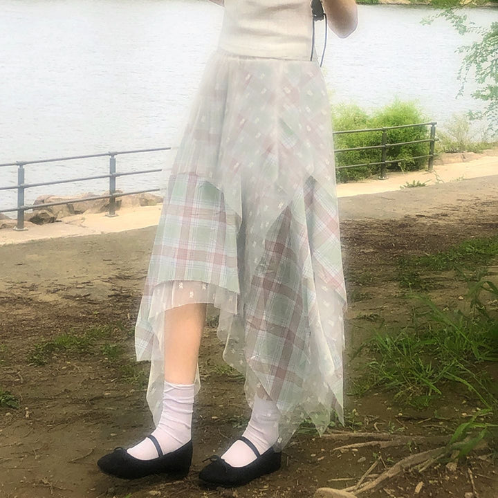 Damen Asymmetrischer Plissee-Rock mit transparentem Chiffonüberwurf und kariertem Design Drune