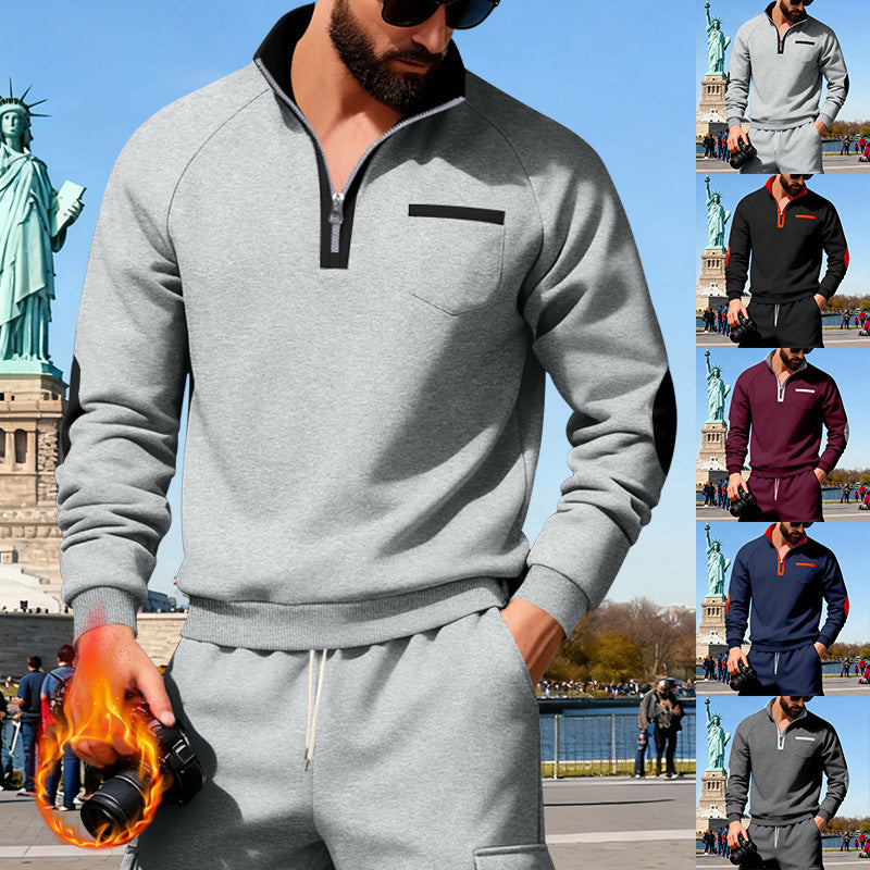 Herren nan Fleece-Quarterzip Pullover mit Brusttasche und Ellbogenpatches Drune