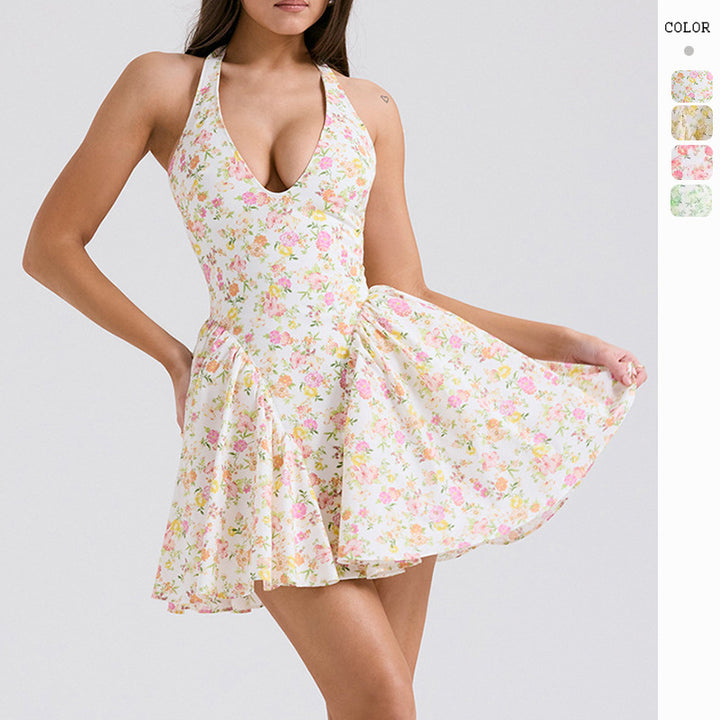 Damen Freizeitkleid mit tiefem V-Ausschnitt und verspieltem Rockteil Drune