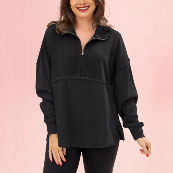 Damen lässiger Pullover mit halbem Reißverschluss und voluminösen Ärmeln Drune