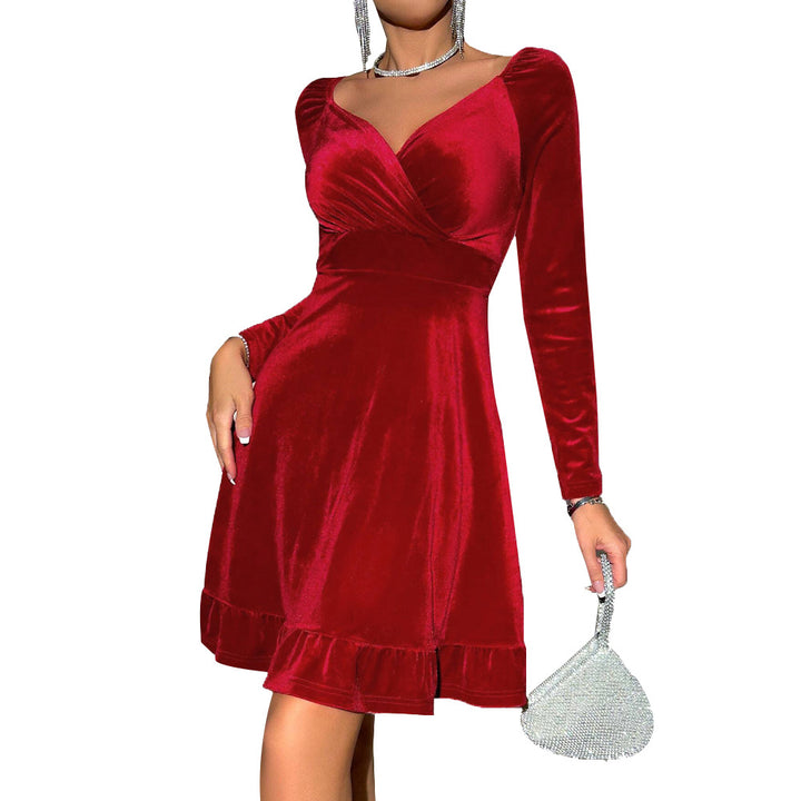 Damen Samt Midi-Kleid mit elegantem V-Ausschnitt und lässigen Rüschendetails Drune