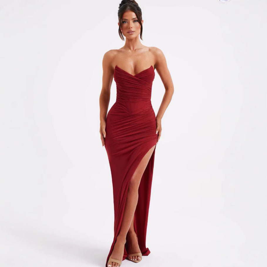 Damen Elegantes Maxikleid mit schmalem Schnitt und sexy Schlitzdesign Drune