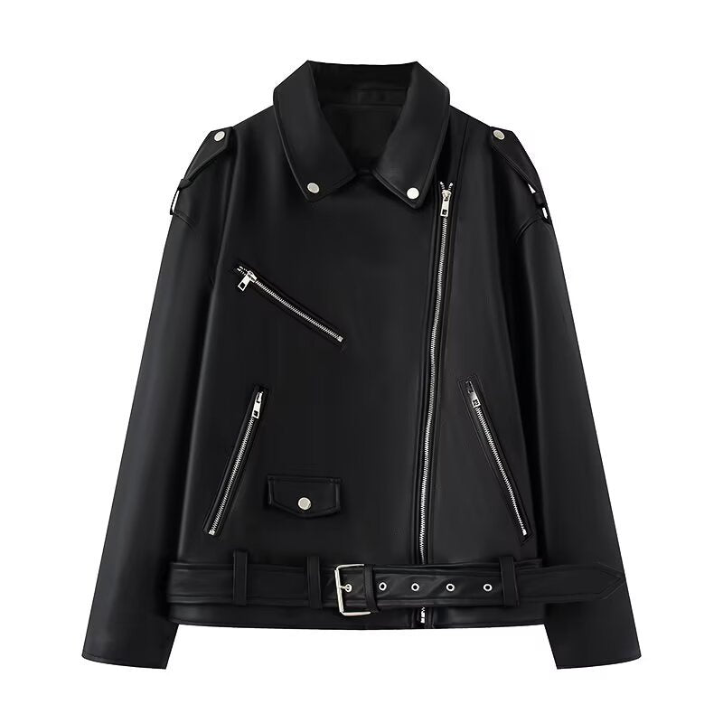 Damen Kunstleder Bikerjacke mit praktischen Reißverschlusstaschen und Gürtel Drune