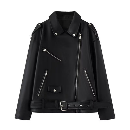 Damen Kunstleder Bikerjacke mit praktischen Reißverschlusstaschen und Gürtel Drune